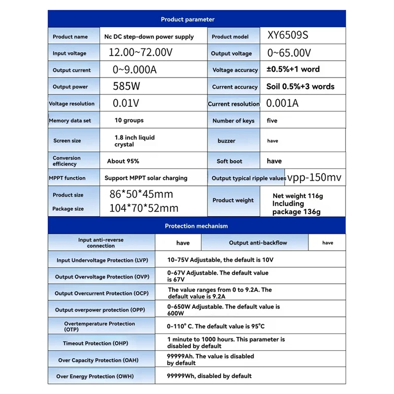 L70A XY6509S CNC Finished Adjustable DC Regulated Power Supply Constant Voltage Constant Current 65V 9A 585W Step-Down Module
