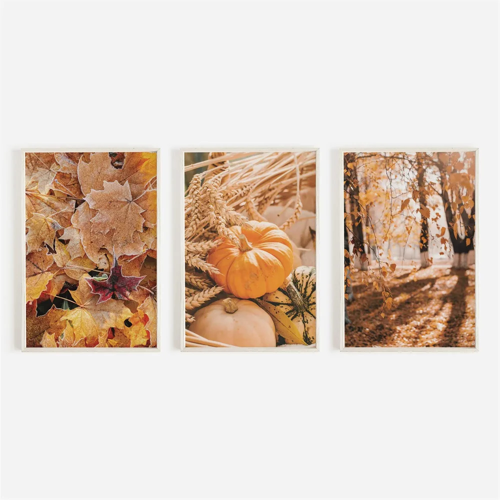 3PCS frameless decorative art print,3pcs Rustic Farmhouse Fall Print Set, Pumpkin And Wheat, Warm Autumn Art, Frost Covered L