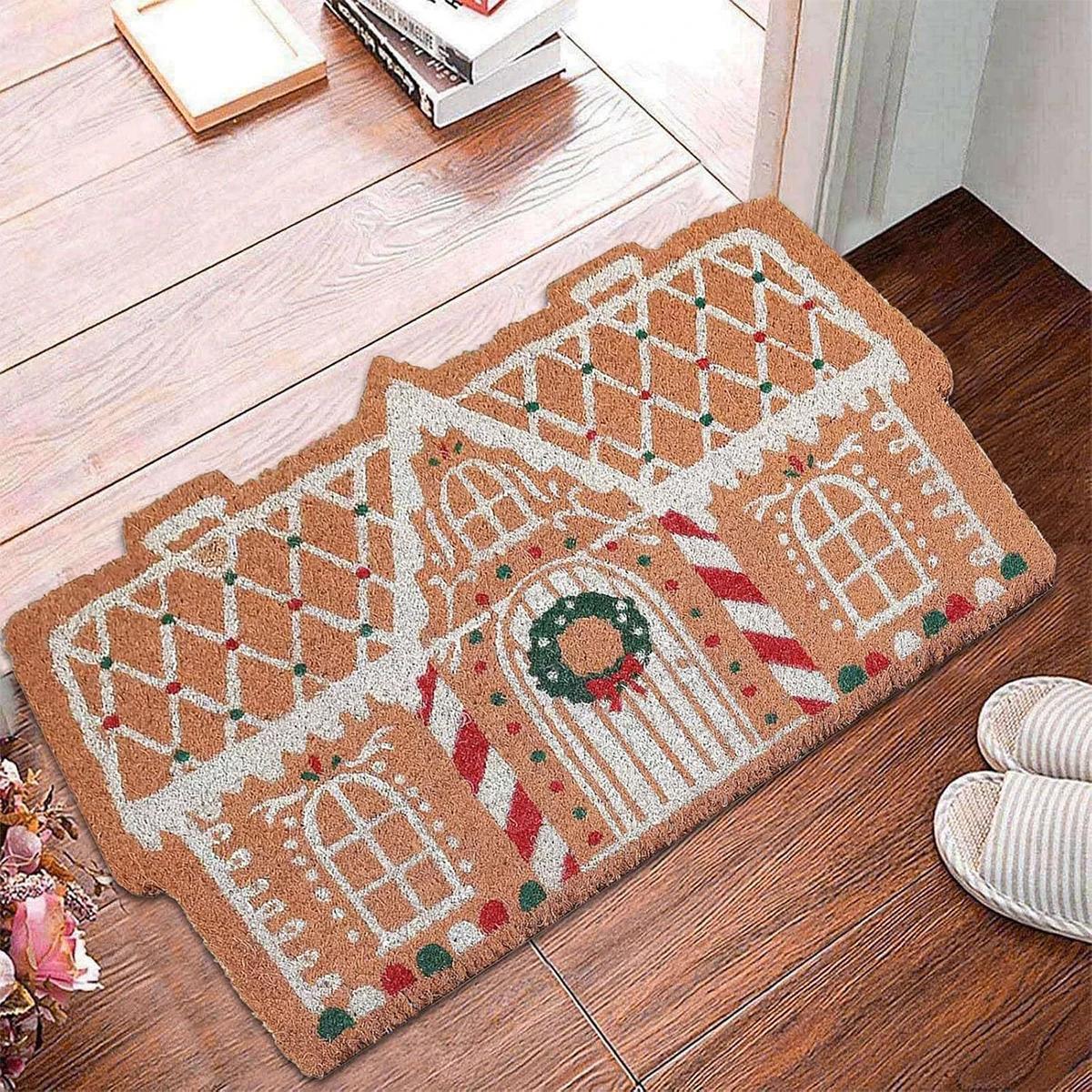 Christmas Welcome Mat Outdoor Gingerbread House Doormat and Porch Decoration Christmas Carpet Photo Props Gift Decoration