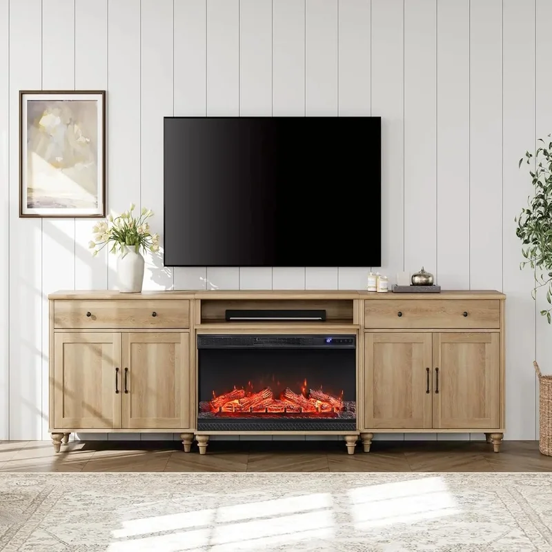 

3-Sided Glass Fireplace TV Stand for 100/90/85 inch TV, Highboy Entertainment Center with 36'' Electric Fireplace, Oak Finish