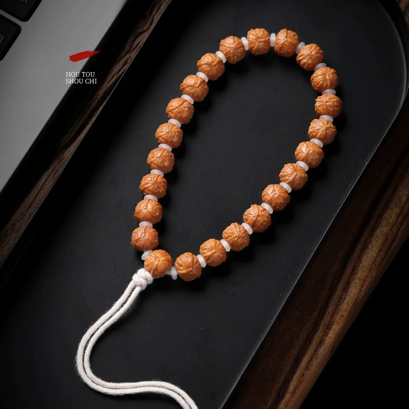 Beaded Bracelet Natural Three Ridge Carved Monkey Head Walnut Three Flower Wenwan Prayer Beads for Men Women Stress Relief Gift