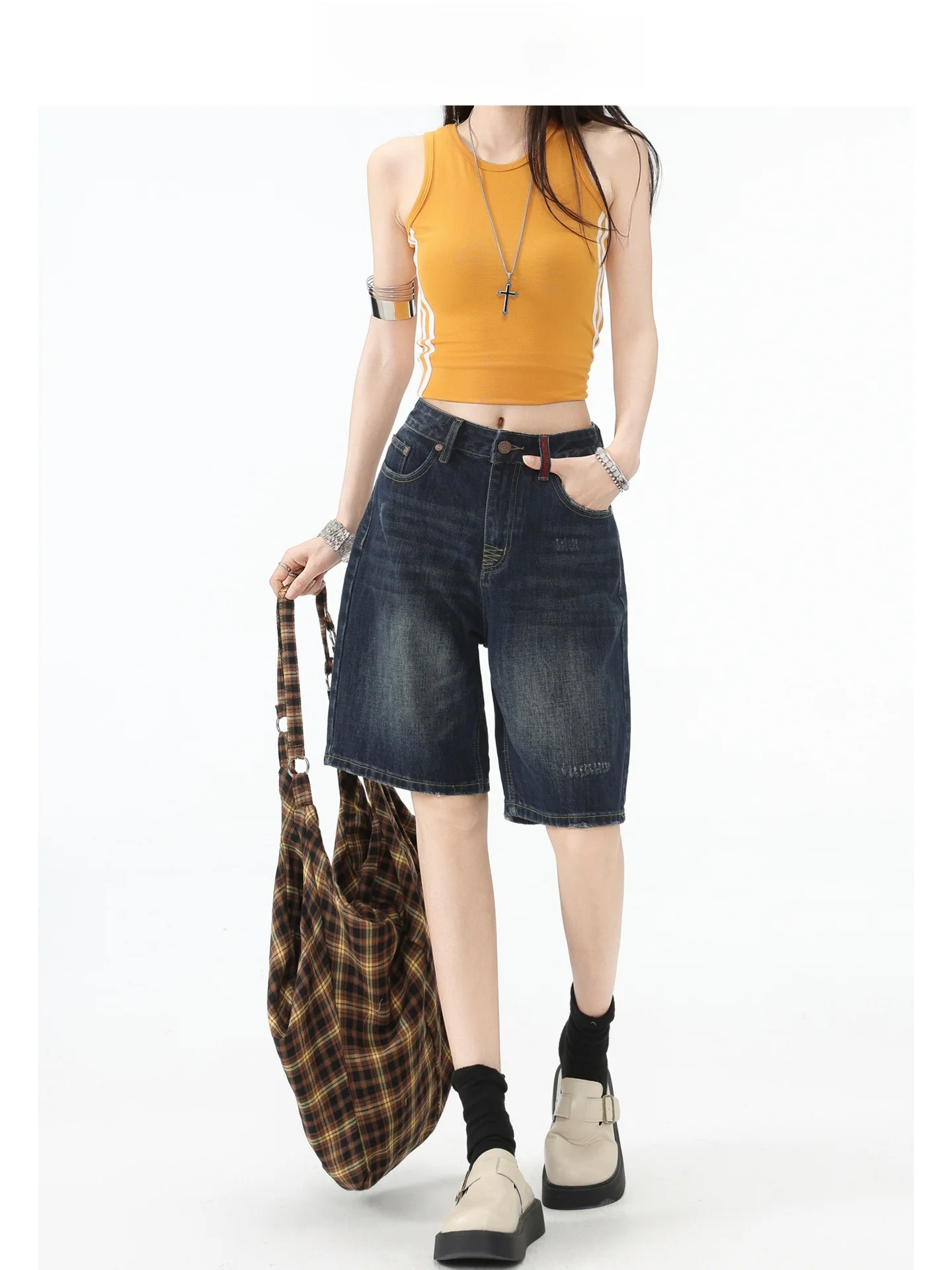 Pantalones cortos de mezclilla de cintura alta y pierna ancha para mujer, corte holgado, azul oscuro, estilo casual urbano, diseño Forever 21 Sensation