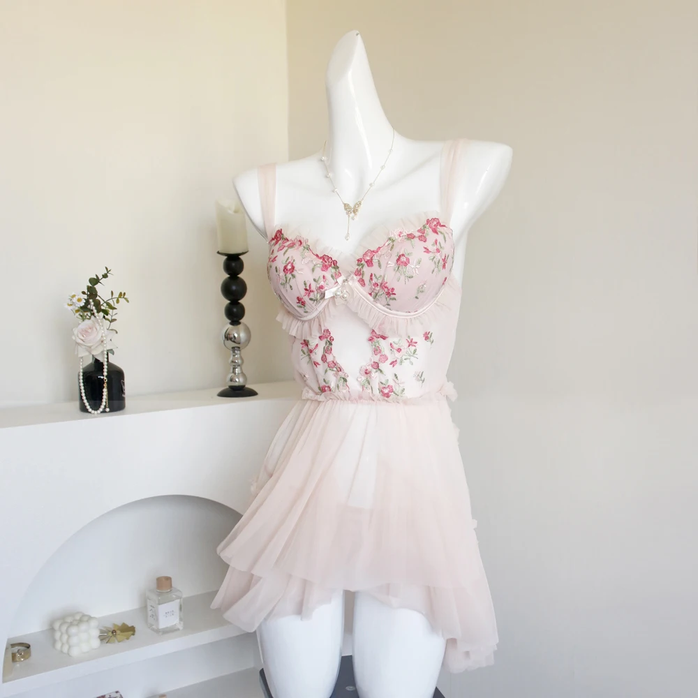 

Прозрачная сетка с цветочной вышивкой Lenceria Babydoll, женское ночное платье, женская сексуальная ночная рубашка, нижнее белье для пары, женская одежда для сна, ночная рубашка