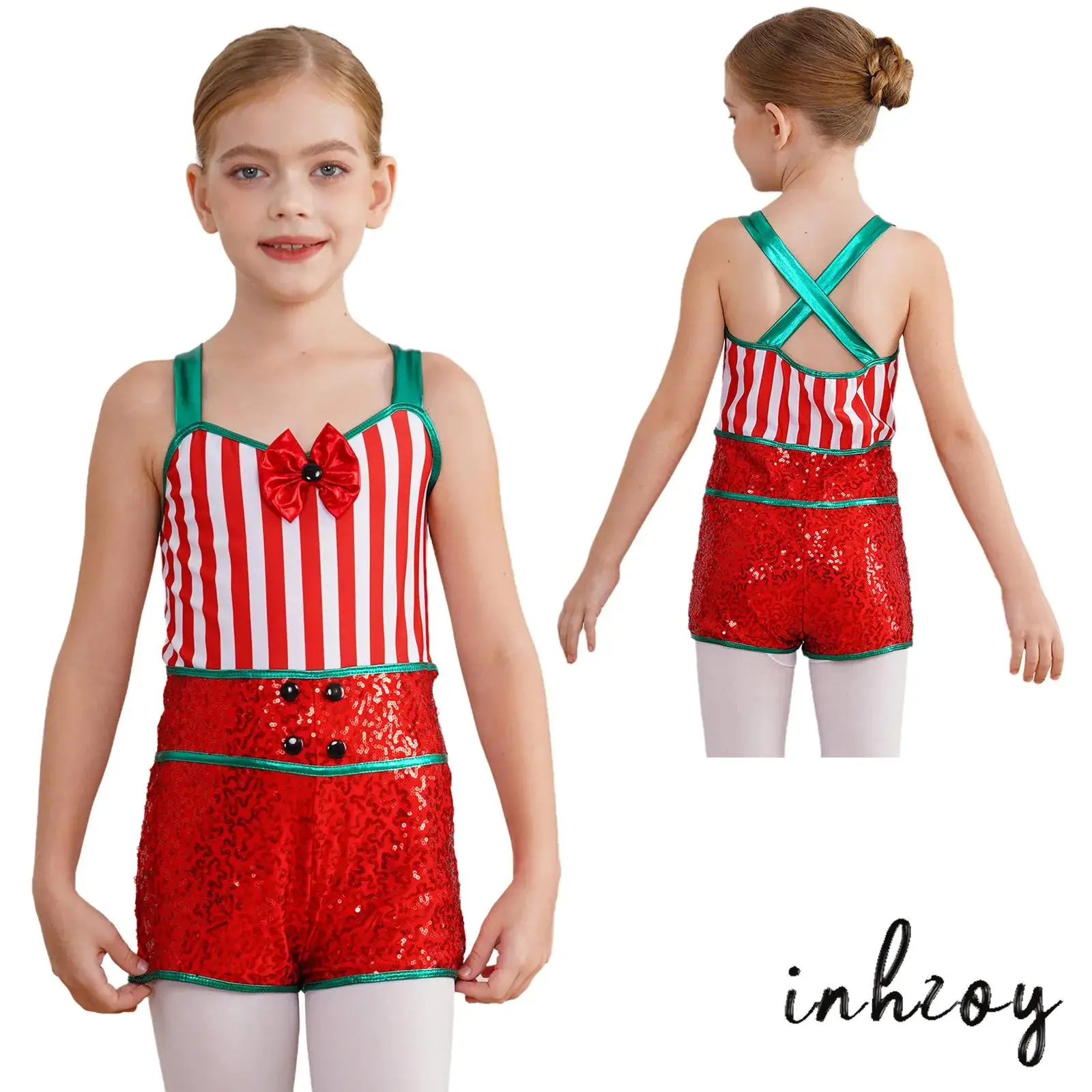 

Girls Xmas Holiday Performance Sequins Shorts Jumpsuit Ballet Dance Gymnastics Unitard Christmas Santa Party Candy Cane Costume