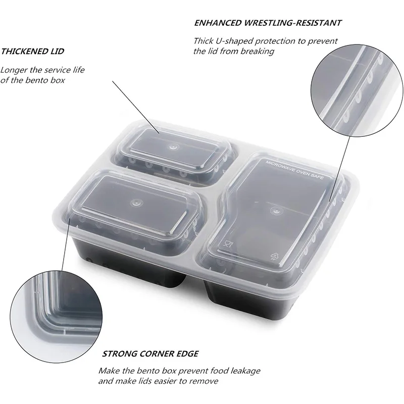 10PCS/Set Meal Preparation Container 3 Compartment Lunch Box 1 Compartment with Airtight Lid Microwave Heatable Food Container F
