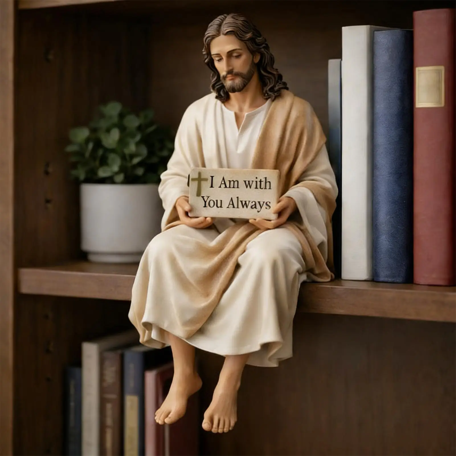 Sitting Design Jesus Resin Figurine Desk Companion I Am With You Always Sign Virgin Mary Statue Resin Material
