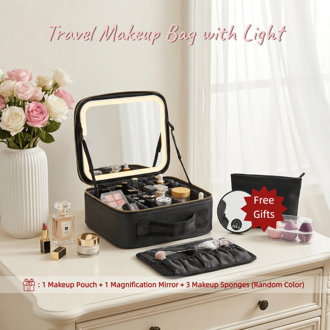 Travel Makeup Bag With LED Mirror, Cosmetic Organizer With Adjustable Dividers, Portable Makeup Case With Rechargeable Lighted Mirror, LED Makeup Bag With A Brush Holder, Comes With Free Gifts, Best Gifts For Her (PVC)