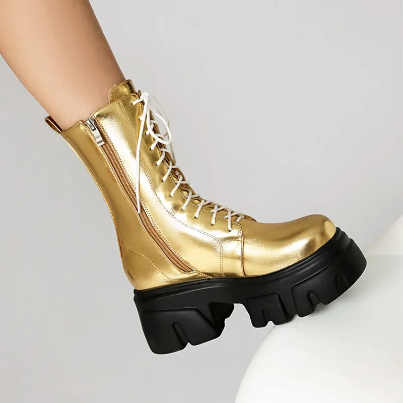 

Новые короткие ботинки золотого, серебряного цвета с перекрестным ремешком и боковой молнией, осенне-зимние модные женские ботинки на толстом каблуке для пикантных девушек, размеры 35-44