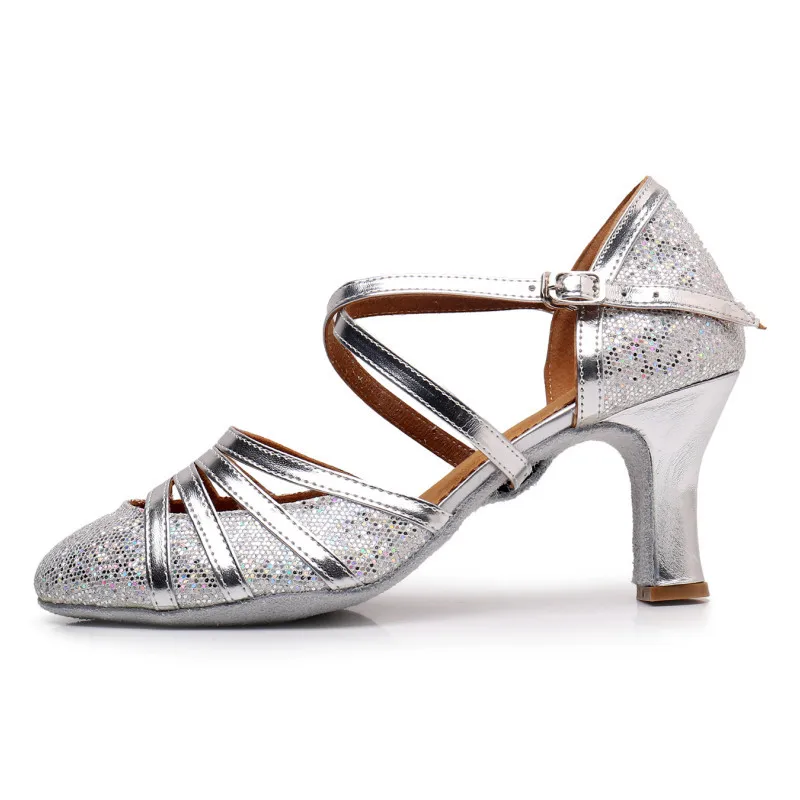 Novo estilo feminino meninas ballroom latin tango sapatos de dança salto alto 7.5cm /5.5cm vendas prata ouro preto marrom cor atacado