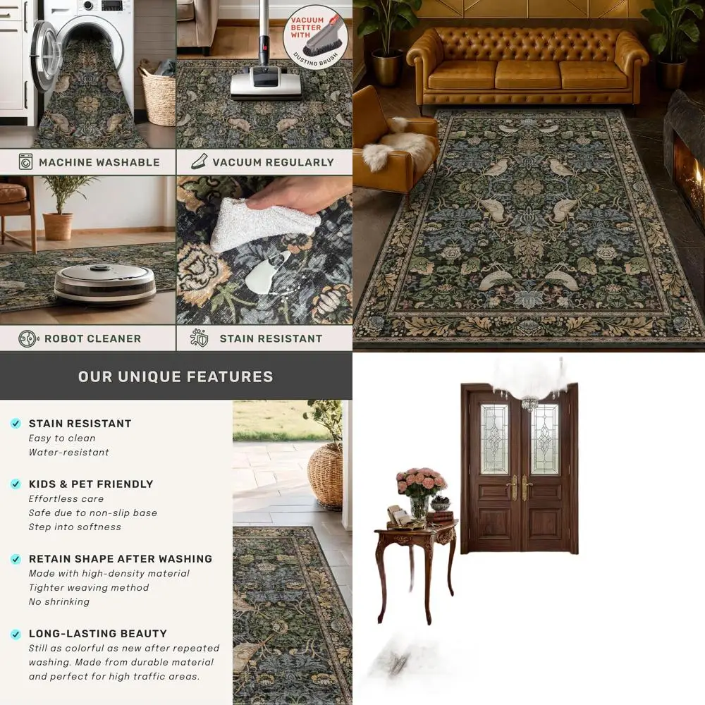 

Винтажный ковер с цветочным узором 5x7 для гостиной - темно-зеленый ковер с изображением лесных птиц для спальни, столовой, офиса, нескользящий, устойчивый к пятнам