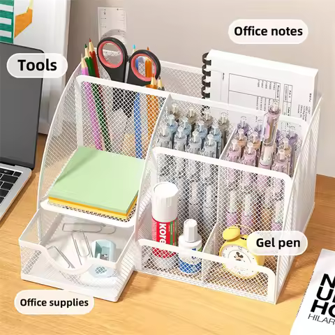 Desk Stationery Organizer Creative Metal Pen Holder Pencil File Storage Rack 7 Grid Storage Box Divided Container Office Access