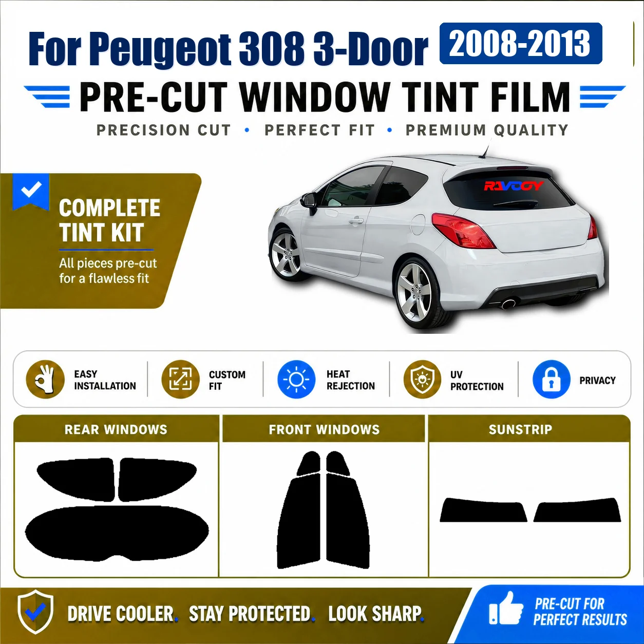 For Peugeot 308 3-Door 2008-2013 Precut Tint Film Tinted Complete Window Custom Cut Kit
