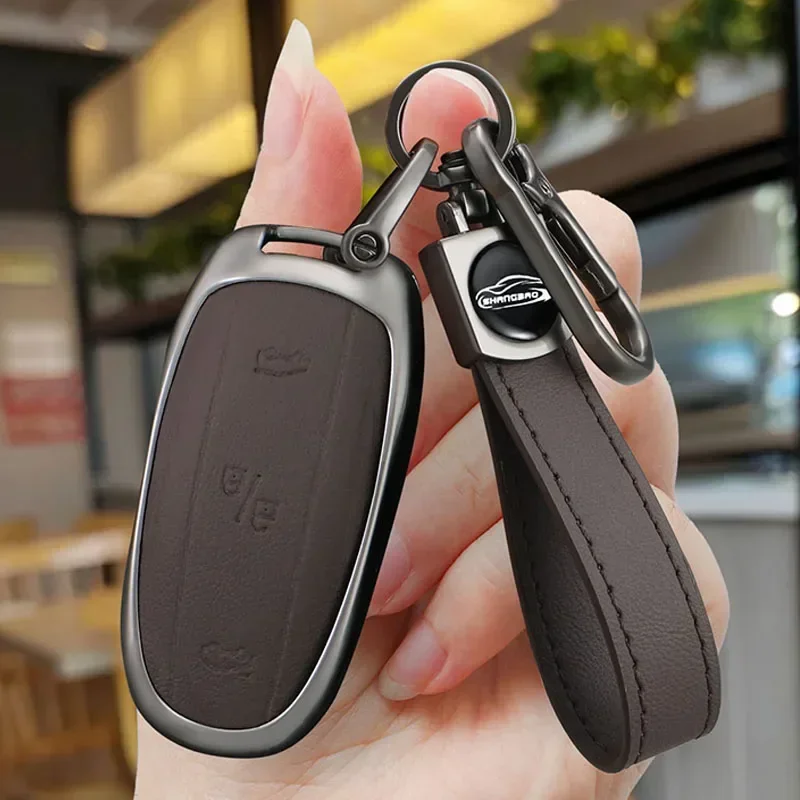 

Luxury Leather Car Key Case For Tesla Model X S Car Accessories Remote Key Case Y Keychain Alloy Stylish Button Case Protector