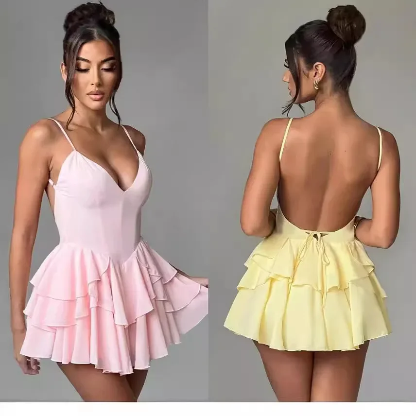 

Sexy Deep V Open Back Ruffle Edge Sling latin dance dress standard ballroom dresses for women