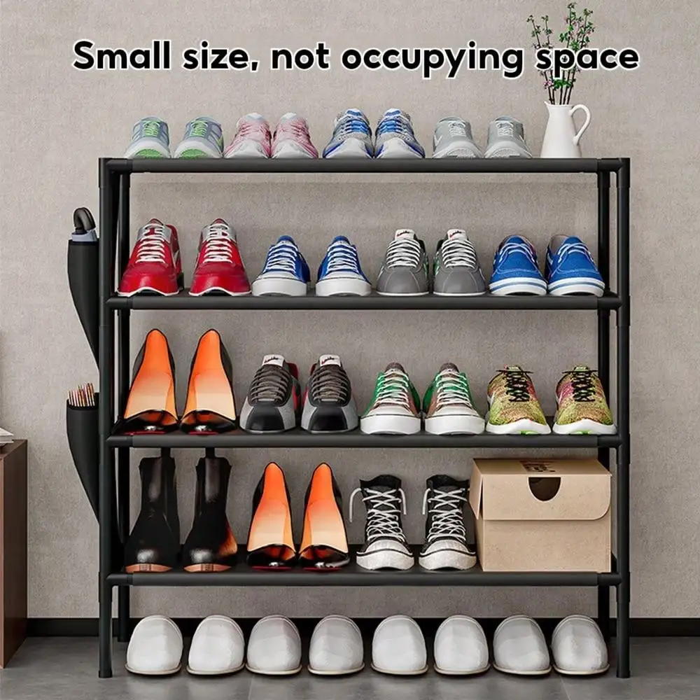 4 Tier Shoe Rack Storage Organizer Free Standing Metal Shoe Shelf Compact Shoe Organizer with Side Bag for Entryway Closet