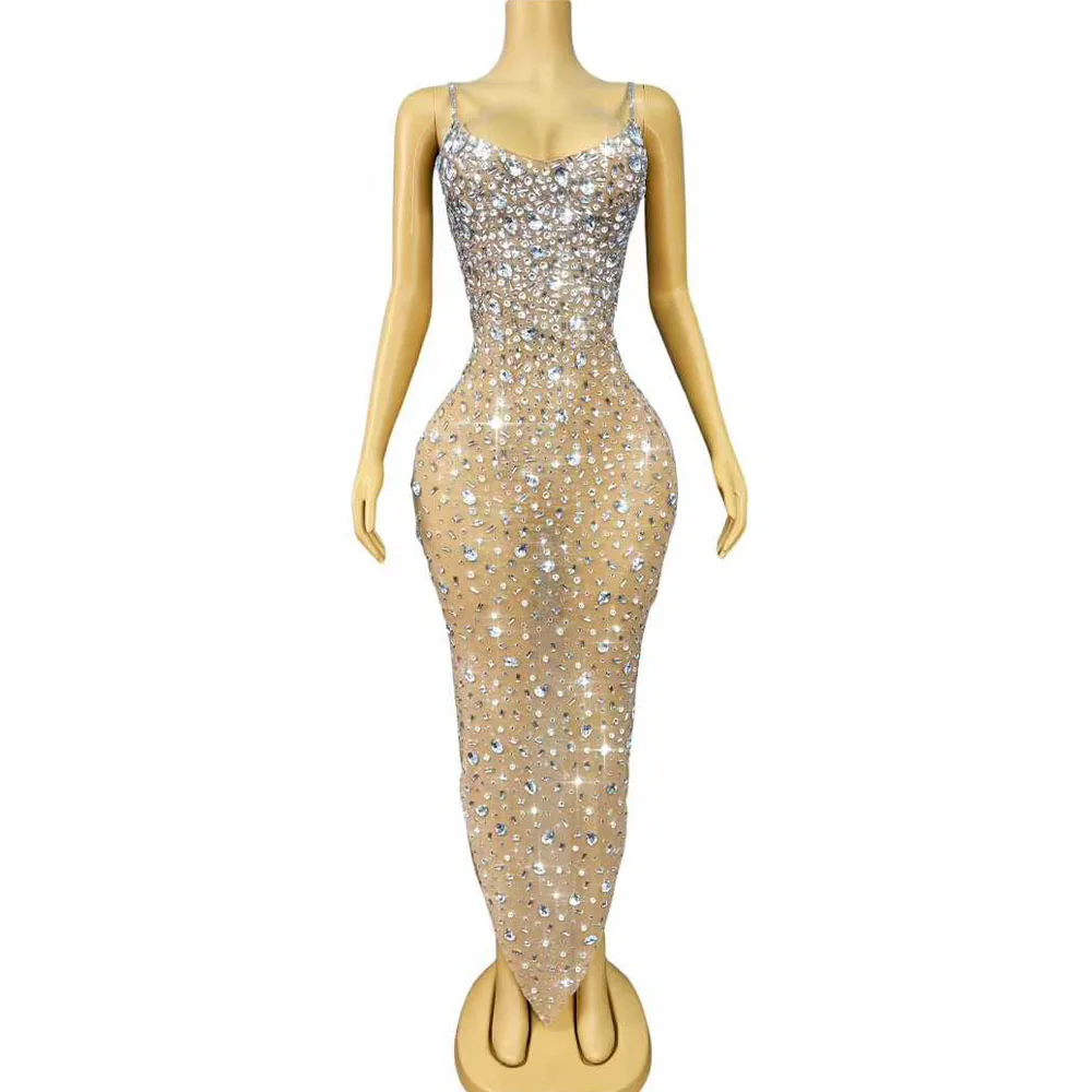 Luxo piscando strass sexy nude malha suspensórios vestido feminino aniversário noite cocktail vestido de festa tapete vermelho palco wear
