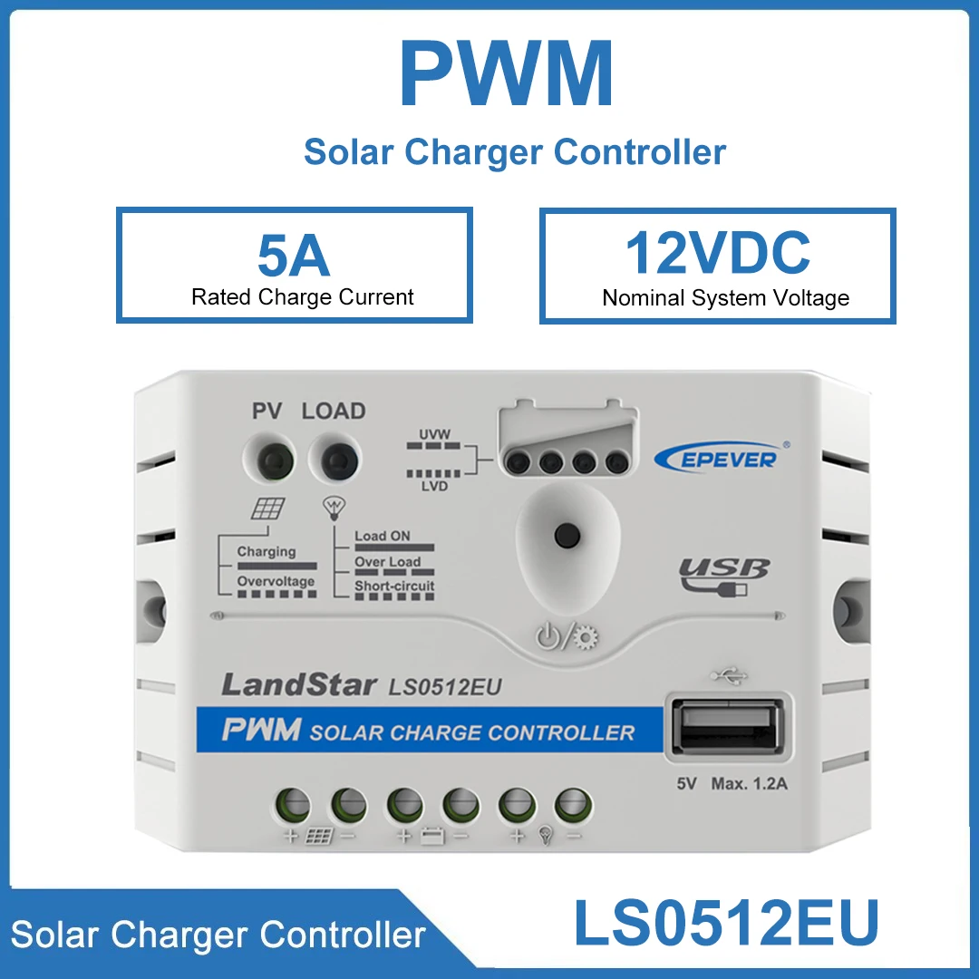 EPEVER LS0512EU 12V Solar Charge Controller For Solar Panel Battery Regulator Nominal System Voltage Auto PWM Controller
