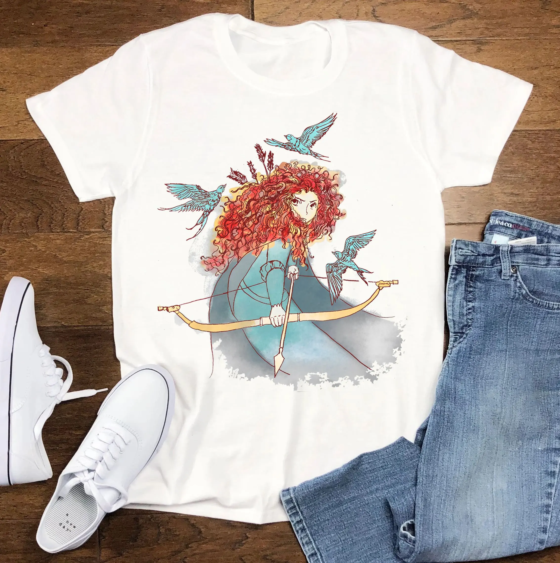 

Летняя мода 2024, новая ретро-рубашка с акварелью принцессы «Храбная мерида», футболка для путешествий на день рождения для девочек, футболка Wdw Magic Kingdom