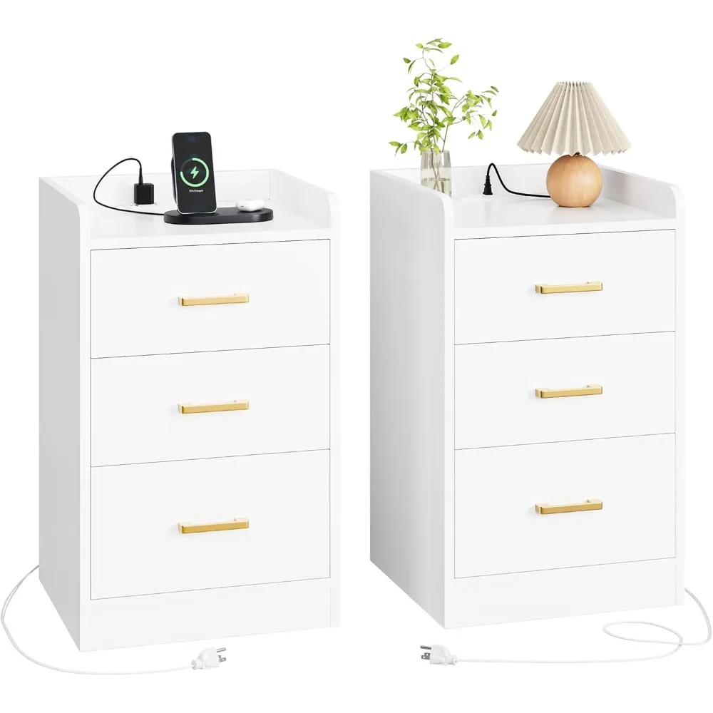 Nightstands Set of 2 Nightstand with Charging Station, 3 Drawer Nightstand with Gold Handles, White Nightstands for Bedroom