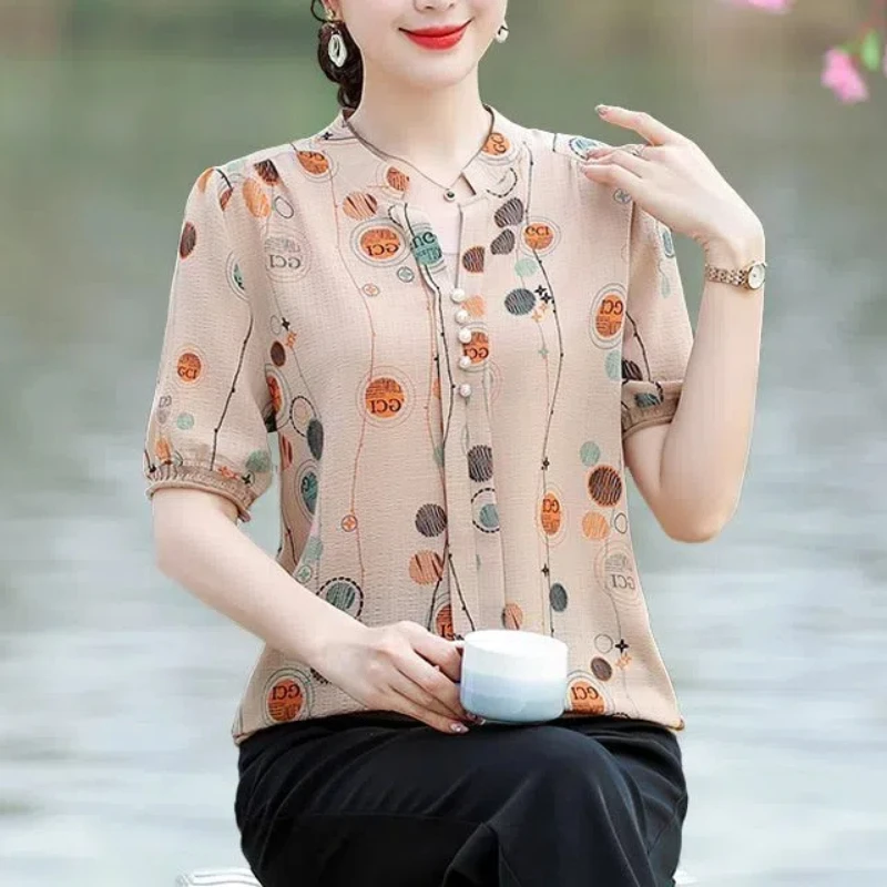 New Summer Women\'s Style V-Neck Short Sleeve Loose Thin Printed Classic Pullovers Plus Size Button Fashion Casual Commute Tops