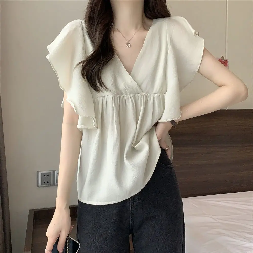 Frauen Kleidung Sommer Koreanische Mode Lässig Einfachheit Elegante Rüschen Einfarbig V-ausschnitt Chiffon Femme Temperament Kurze Sleev