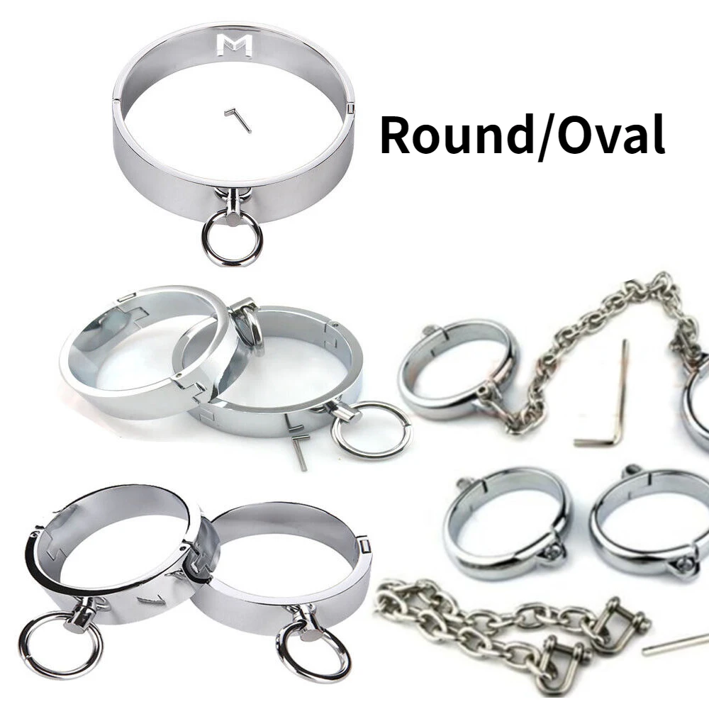 Metal Handcuffs Ankle Cuff with Chain Bondage Collar Restraint Shackles Set BDSM Handcuffs Steel Collars Sex Tool Toys