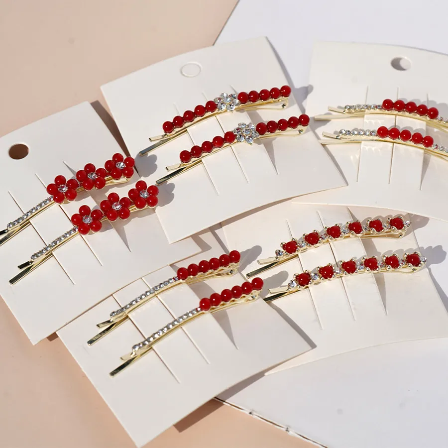 دبوس شعر أحمر بالزهور غطاء رأس ، دبوس شعر بكلمة واحدة ، مشبك شعر لطيف ، دبوس شعر كريستالي ، إكسسوارات شعر مكسورة ، جديدة