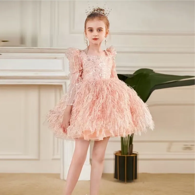 Fashion Baby Girl Princess Sequin Feather Dress Puff Half Sleeve Infant Toddler Child Vestido Party Birthday Baby Clothes 1-14Y
