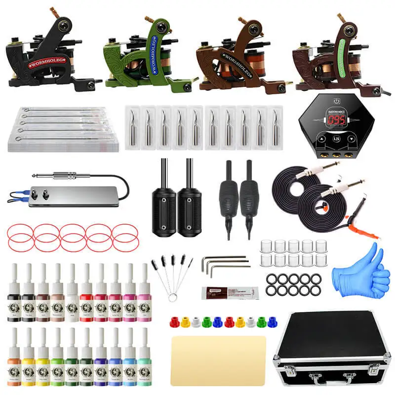 

4 tattoo motor machine set 20 color material tattoo machine with hook line pedal aluminum box tattoo accessories