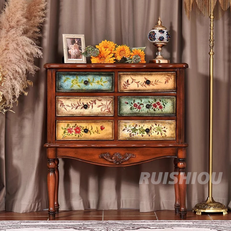 

Шкаф для гостиной из цельного дерева в американском стиле кантри, ручная роспись, шесть ведер для хранения вещей, сервант для спальни, кровать, хвост, домашнее хранение