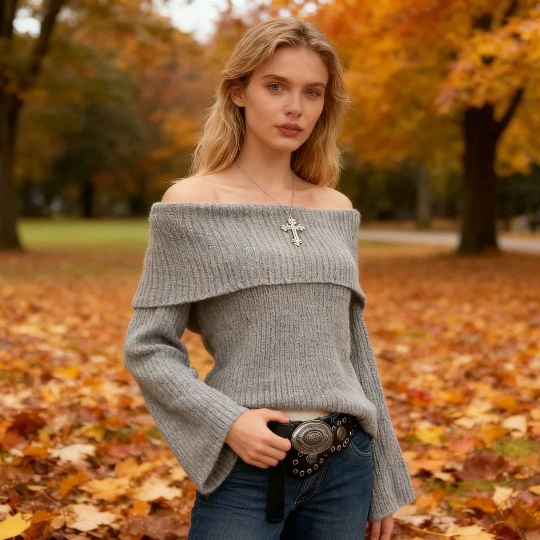 เสื้อถักแขนยาวไหล่เดียวสำหรับผู้หญิง ฤดูใบไม้ผลิ ฤดูใบไม้ร่วง แฟชั่นลำลอง นุ่ม สบาย ใส่ได้ทุกวัน