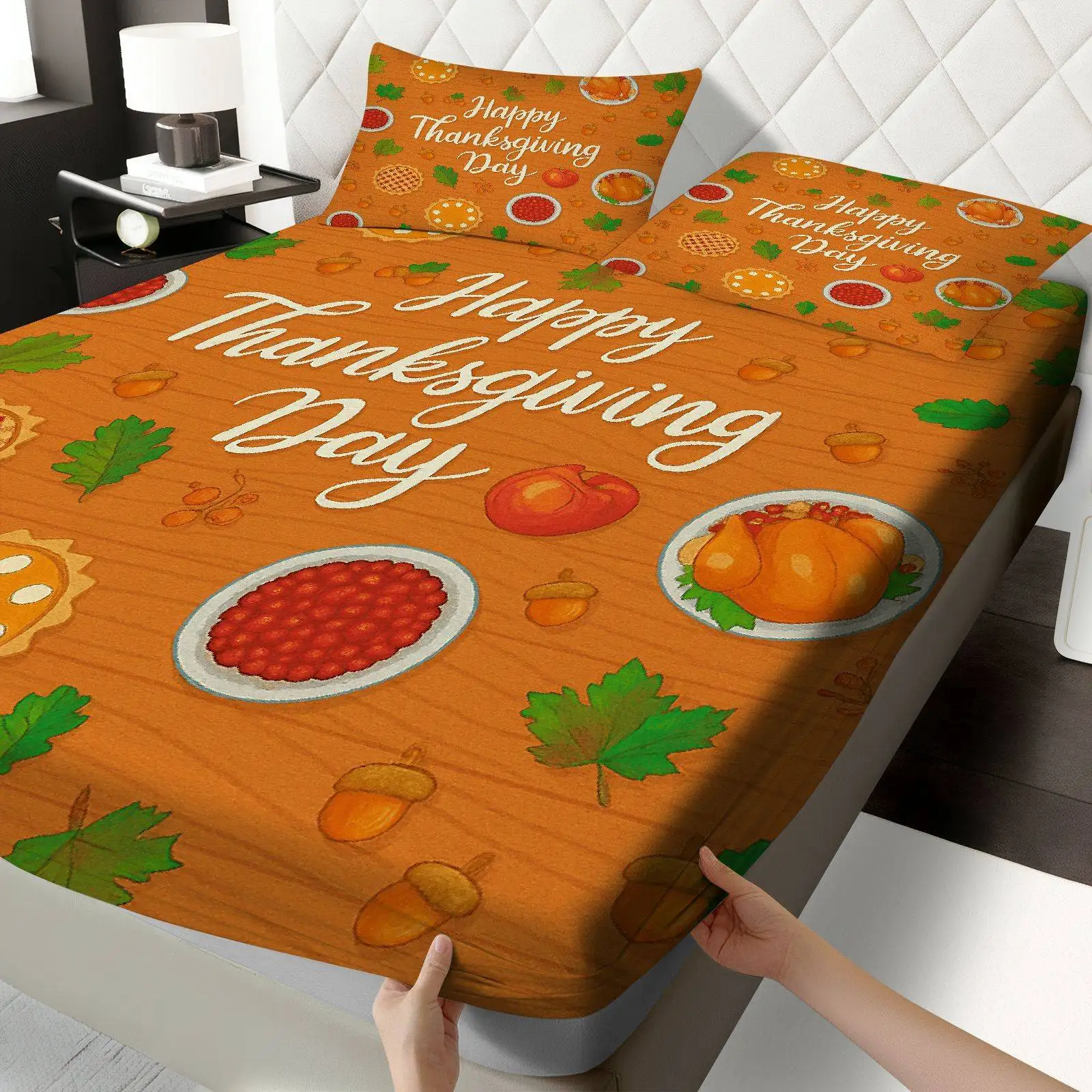 Thanksgiving Autumn Harvest Bedding Set: Three-Piece Bedding Set (Includes 1 Fitted Sheet + 2 Pillowcases), 3-Piece Set, Large Deep-Pocket 2D Printed Fitted Sheet and 2 Pillowcases, Mattress Protector, Fitted Elastic Style, Protective Cover, Mattress Protector, Suitable for All Seasons, Machine Washable Design, Holiday Decoration, Various Sizes, Breathable Protective Cover Plus Pillowcase