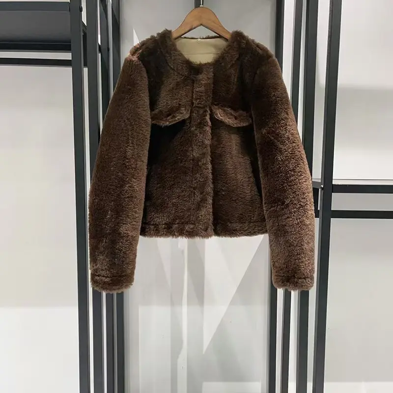 Women's Faux Fur Jacket, Polo Collar Solid Color Coat, Casual Versatile Top, 2025, Winter, New Arrival, Y2K