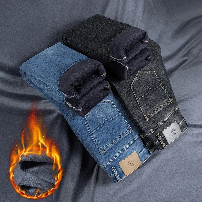 

2025 Winter Men's Jeans With Fleece Warm Jeans Thicken Denim Pants Straight Cut Stretch Business Casual Fashion Pockets