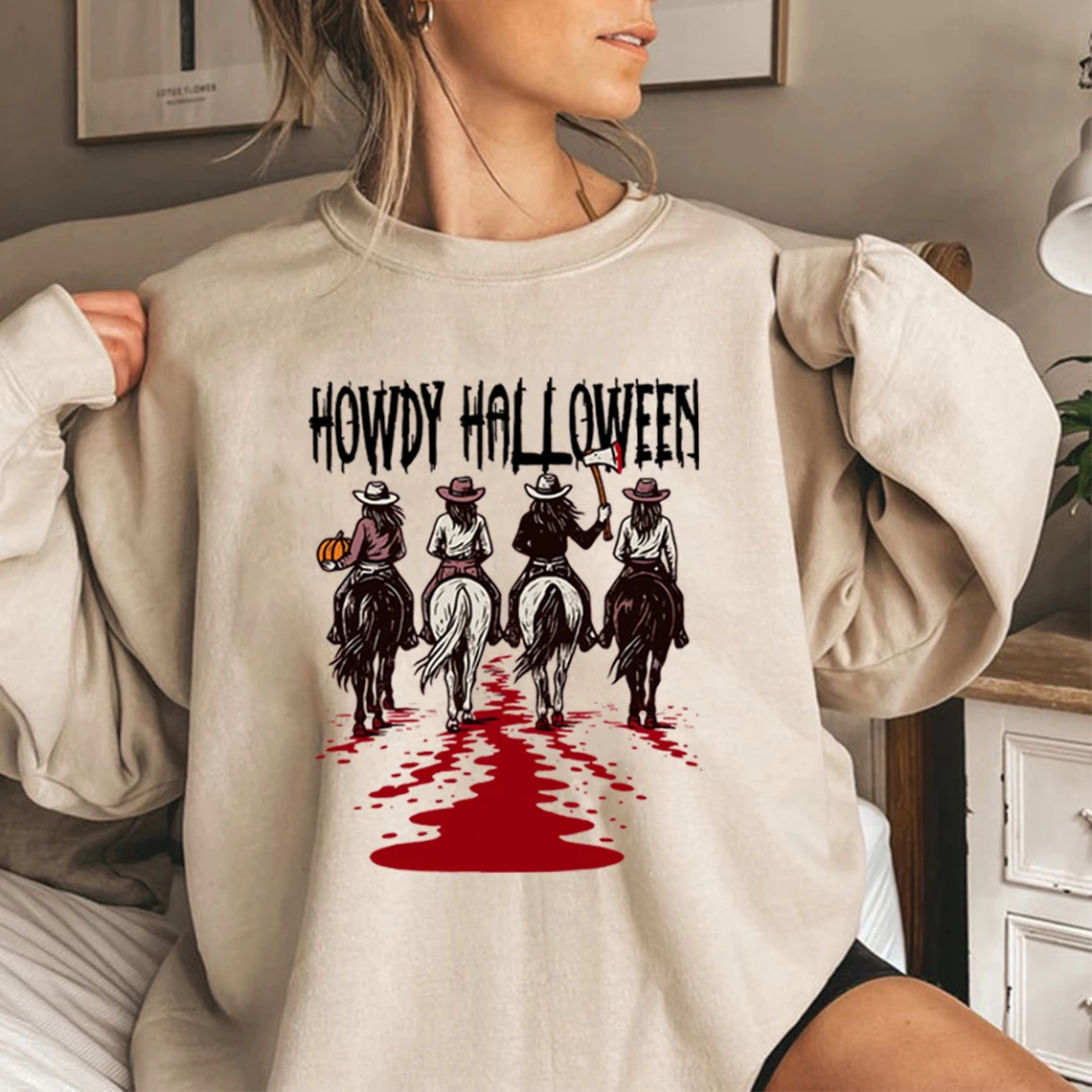 

Howdy Halloween Sweatshirt Western Halloween Girls Hoodie Casual Long Sleeve Women Crewneck Sweatshirt Funny Cowgirl Pullovers