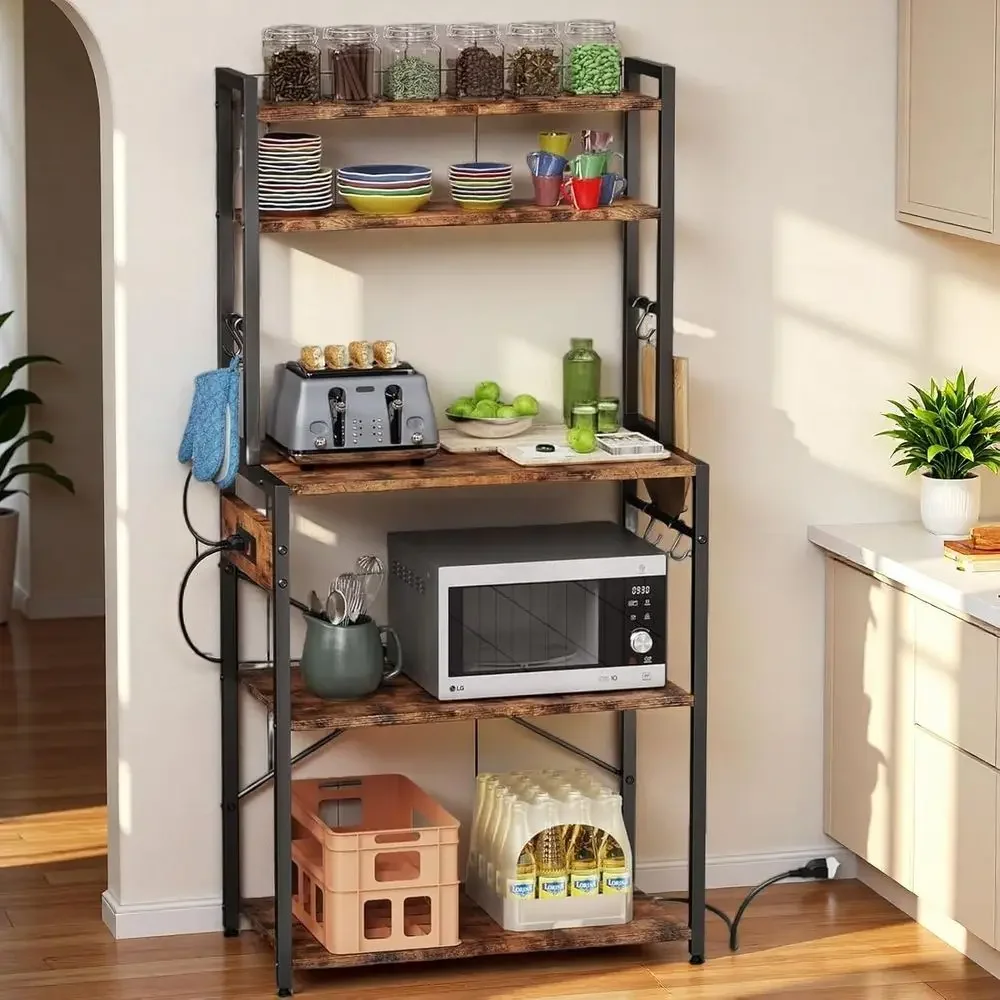Luckyeestar 5 Tier Kitchen Bakers Rack with Power Outlet，25.2 Inch Metal Storage Shel or Microwave, Coee Bar, Spice Organizer, r