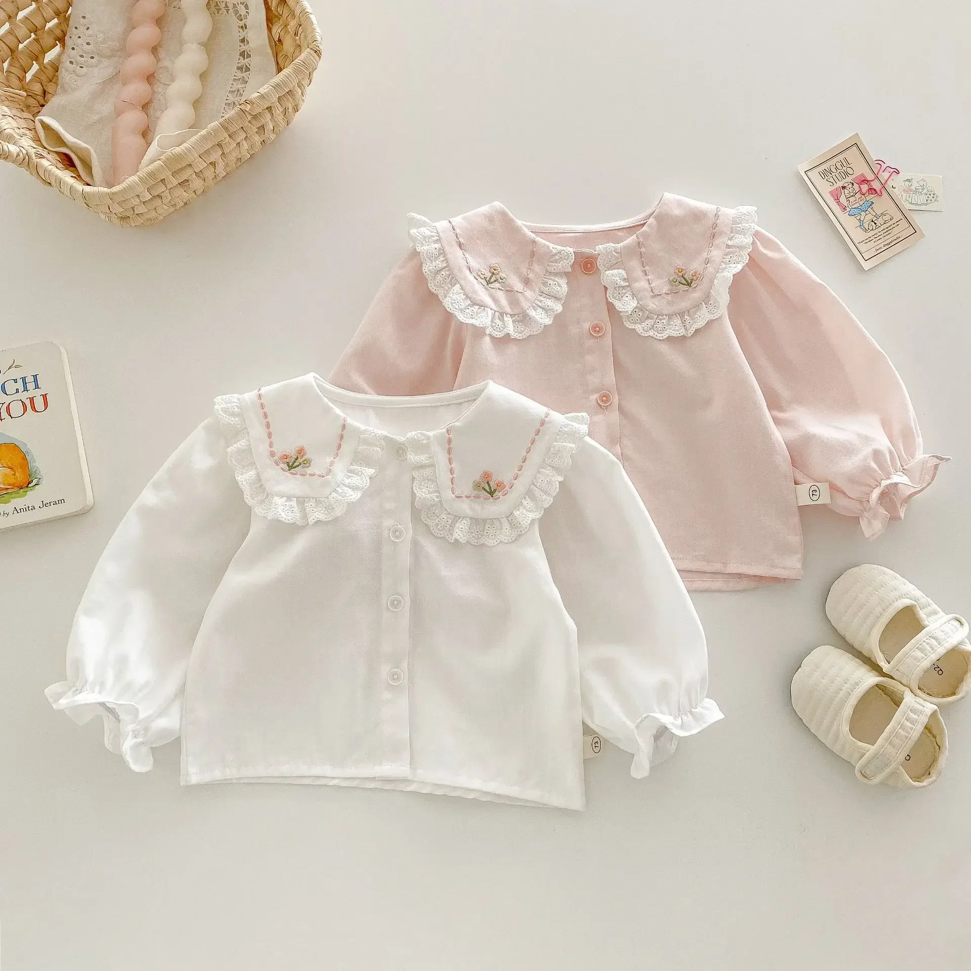 Spring Baby Girls Lace Blouses Kids White Pink Shirts 2025 Autumn Doll Collar Tops Children's Embroidery Clothing Korean Style