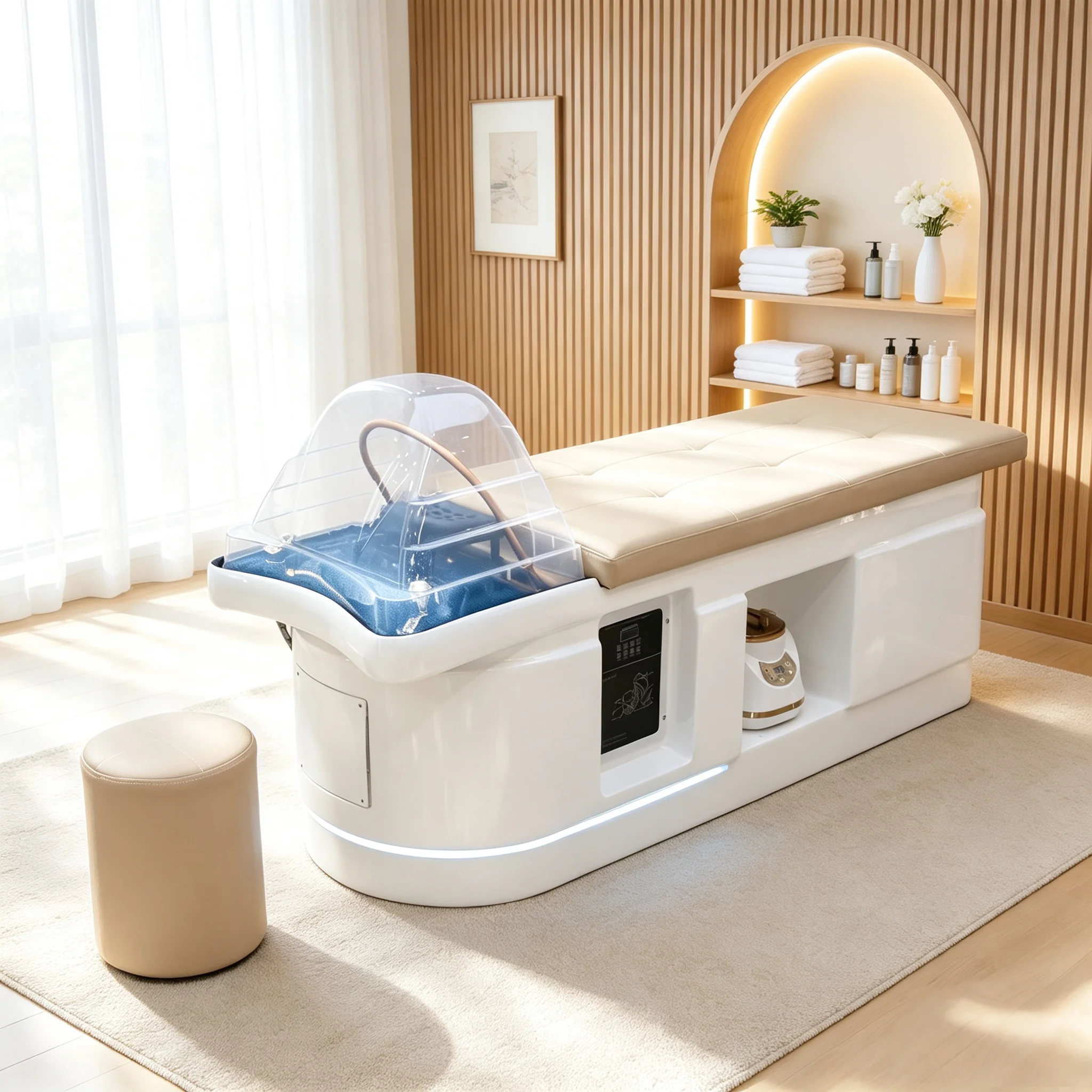 Head Spa Shampoo Bed with Steamer Water Circulation LED Light Cream White Hair Washing Massage Bed Salon Furniture
