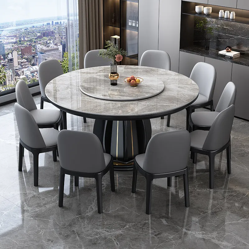 Modern Simple Light Luxury Solid Wood Round Dining Table With A Turntable High-end Rock Slab Dining Table And Chair Combination