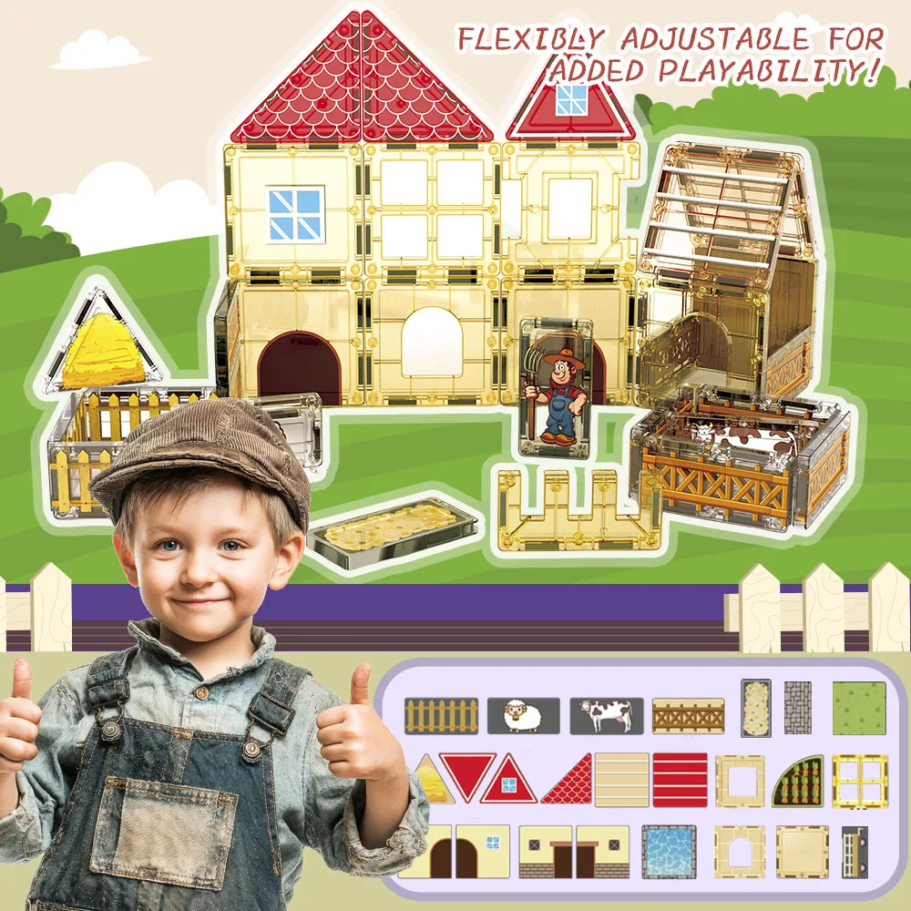 Conjunto de brinquedos de construção de jardim de animais de fazenda de azulejos magnéticos, brinquedo STEM, educação sensorial Montessori, feriado infantil e presente de aniversário.