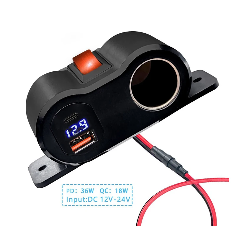 12V Car Charger Power Adapter QC3.0 &PD3.0 Outlet Cigarette Lighter Socket Splitter with LED Voltmeter for RV Marine Boat
