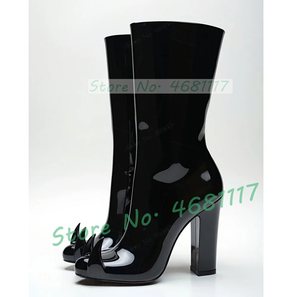 

Black Patent Leather Mid Calf Boots Women Chic Kitten Ears Decal Block High Heels Boots Ladies Round Toe Back Zipper Cool Shoes
