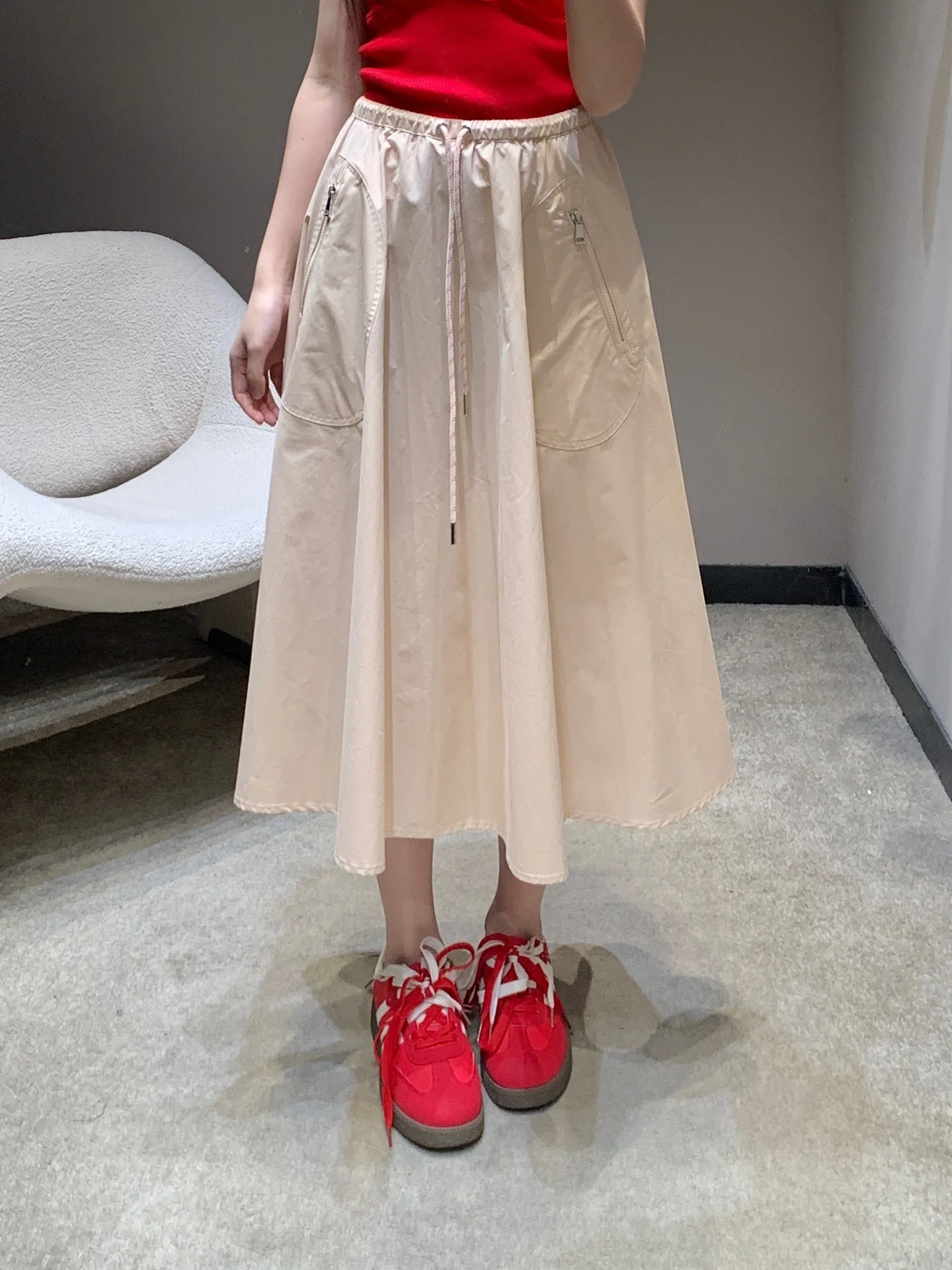 26 Spring/Summer New Style Fashionable, Elegant, Versatile Drawstring Cotton Medium length Half length Skirt Women's Wear