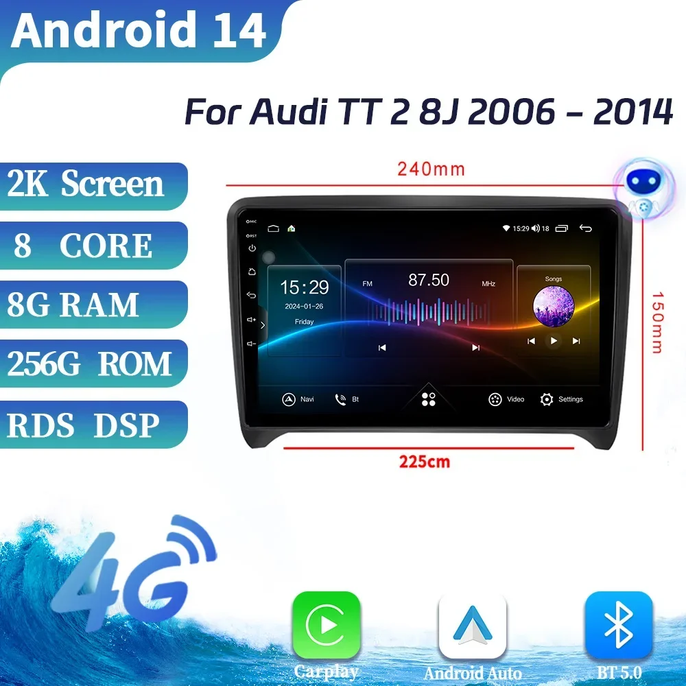 ОС Android для Audi TT 2 8J 2006-2014, автомобильное радио, беспроводная стереосистема Apple Carplay, 4G, WIFI, GPS, Bluetooth, стереосистема с сенсорным экраном