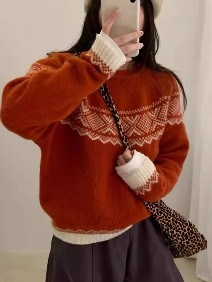 Suéter de Punto Casual de Cuello Redondo, Talla ande, Retro, para Mujer, Otoño Invierno, Cálido, Suave, Cómodo, Jersey de Moda