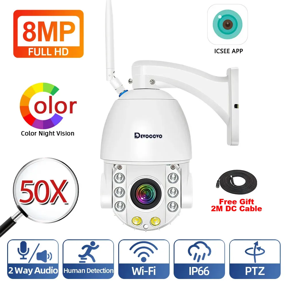 

8MP HD WiFi IP Camera with 50X 30X Zoom Outdoor PTZ Speed Dome and 4K Color Night Vision Security P2P Surveillance ICSee XMEYE