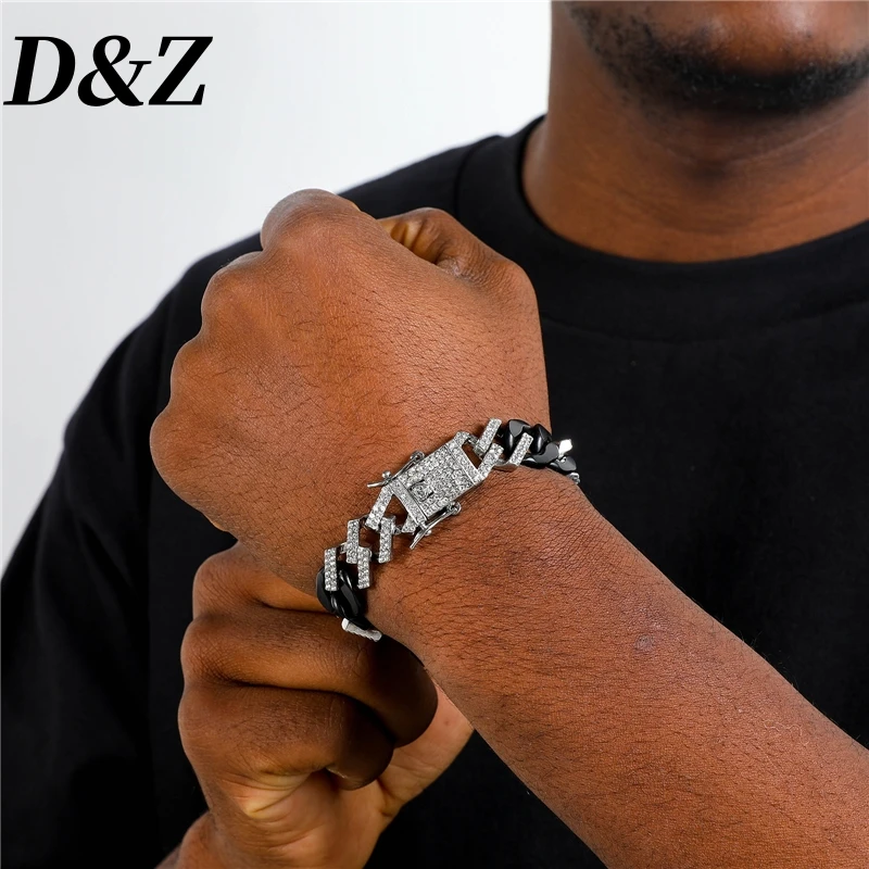 D&Z Fashion 15MM Cuban Chain Bracelet For Men Women Black And Silver Color Alloy Iced Out Zircon Bracelet Party Gift Jewelry