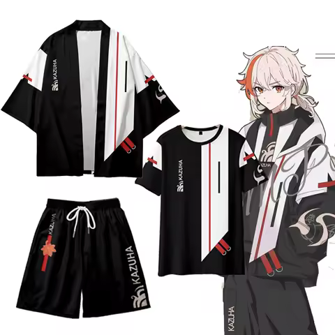 Genshin Impact Kaedehara Kazuha Cosplay T-Shirt and Shorts Cool Summer Short Sleeve Kimono Haori Cape Tops Pants Streetwear