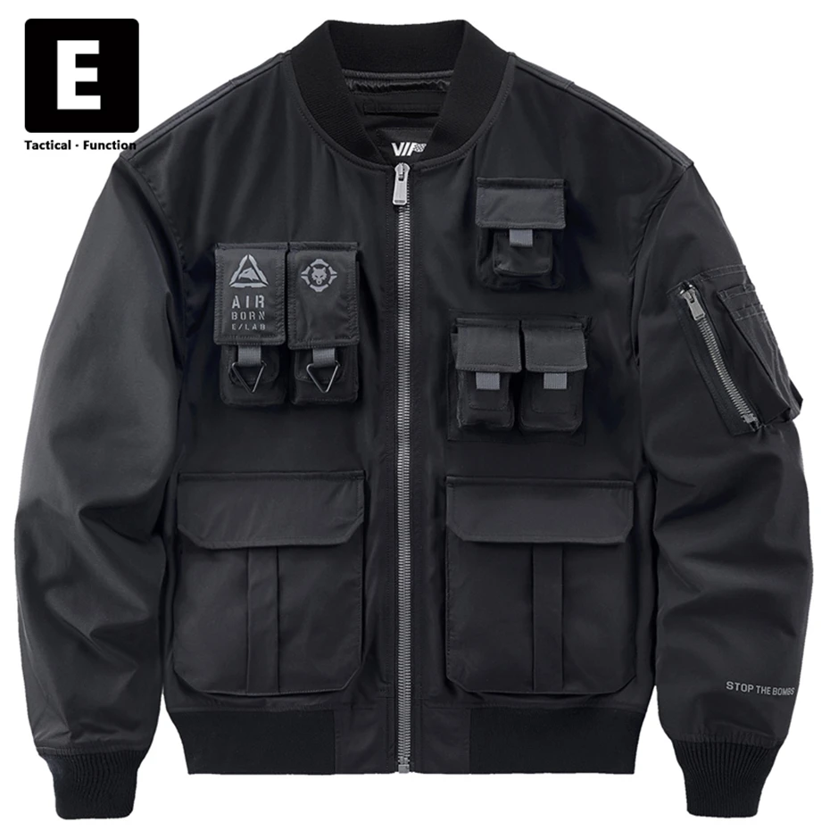 Black Cargo Jackets Men Streetwear Bomber Jacket Fashion Multiple Pockets Pilot Jacket Coat Male Punk Techwear Baseball Coats