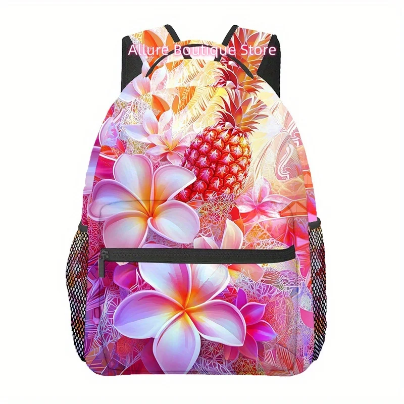 Hawaiian Pineapple & Flower Print Backpack - Lightweight, Adjustable Strap, Zipper Closure, Durable Polyester Material, Ideal fo